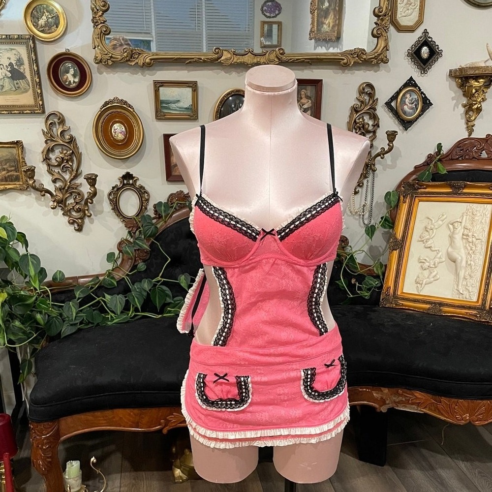 Vintage Victoria's Secret French Maid Apron Lingerie with Panties Size 34C Pink